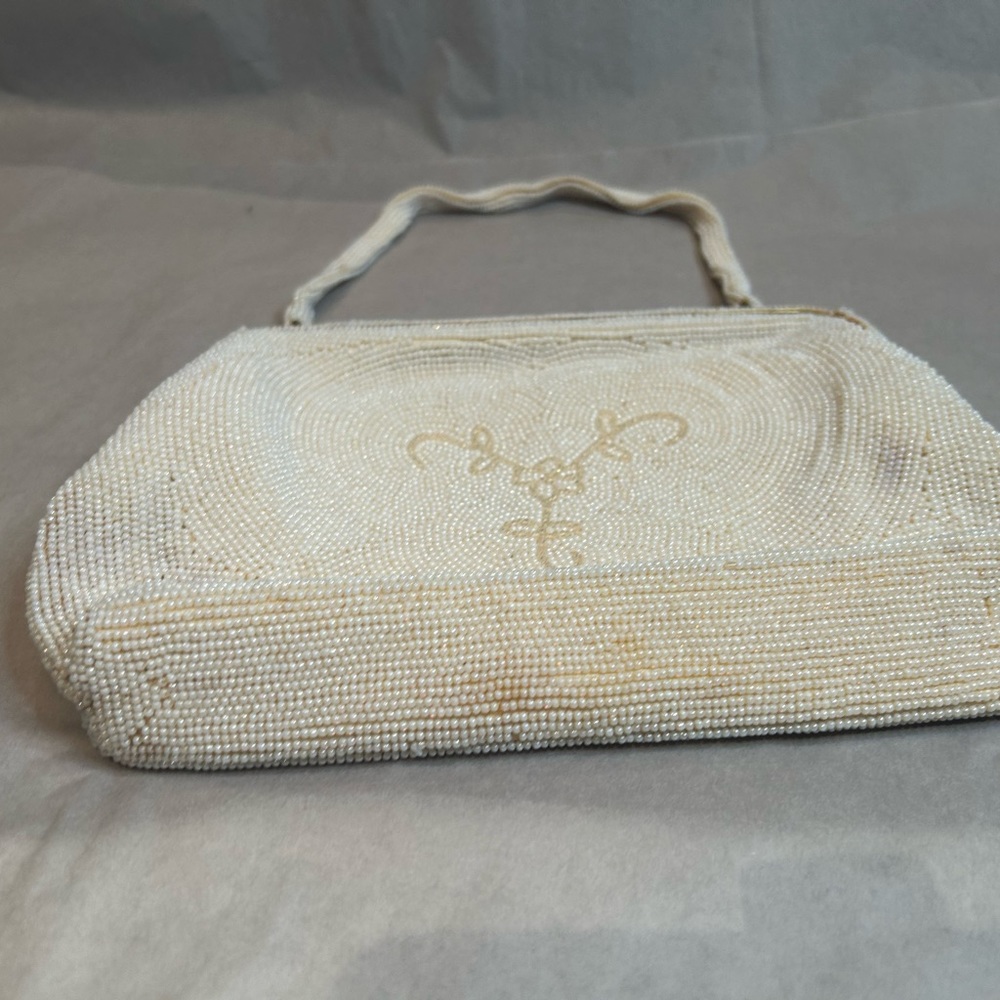 Vintage White Beaded Evening Bag Wedding Clutch Handbag Formal Handbeaded Prom - Picture 7 of 11